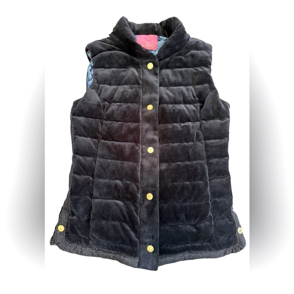 Lilly Pulitzer Velvet Down Puffer Vest Black Gold Buttons Size XS Print Lining - Picture 7 of 8